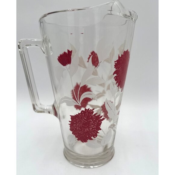 Vintage Heavy Glass Pitcher Clear Glass Pitcher Red Floral Print with Ice Lip - Picture 3 of 7